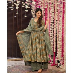 Elegant Green Rayon Slub Printed Anarkali Pant with Chanderi Dupatta Set for Women