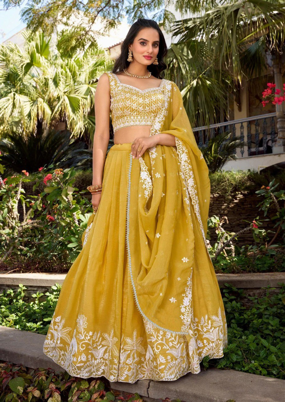 Embellished Semi Stitched Chinon Lehenga Choli with Dupatta (Mustard, Zari & Sequin Work)