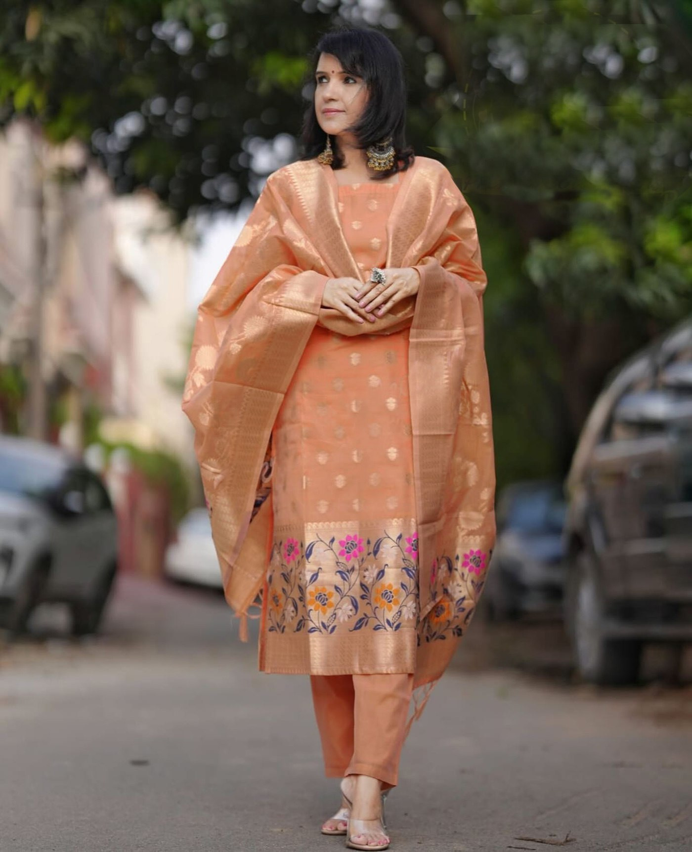 Women’s Jacquard Kurta Pant Dupatta Set | Peach Ethnic Wear with Weaving Work & Lace Border