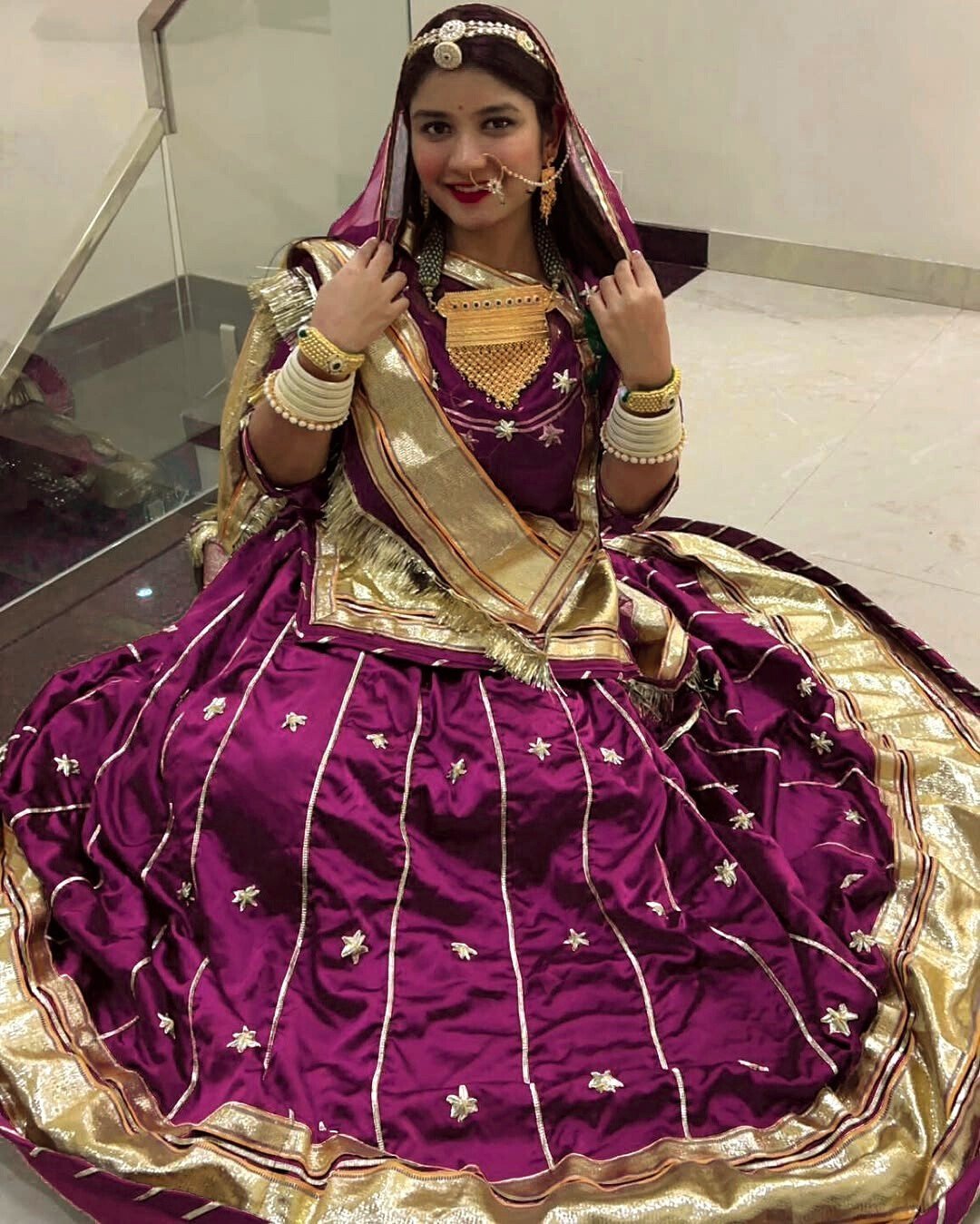 24 Kali Heavy Quality Satin Poshak with Humrahi Pure Odhni in Wine Color