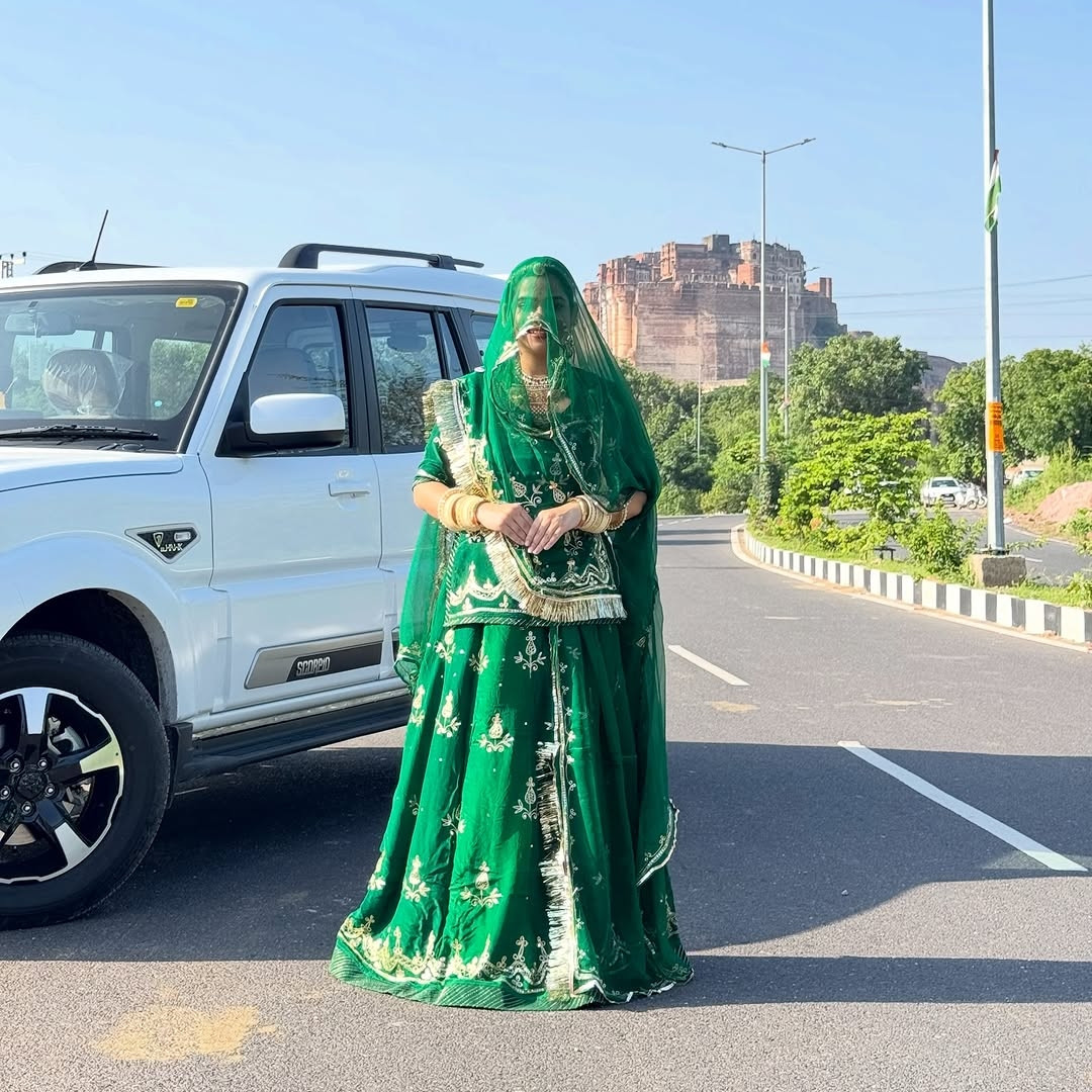 Regal Green Rajputi Poshak | Aree Kasab Work Lehenga Set