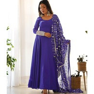 Royal Blue Embroidered Georgette Anarkali Gown with Dupatta – Full Sleeve, Stitched Party Wear