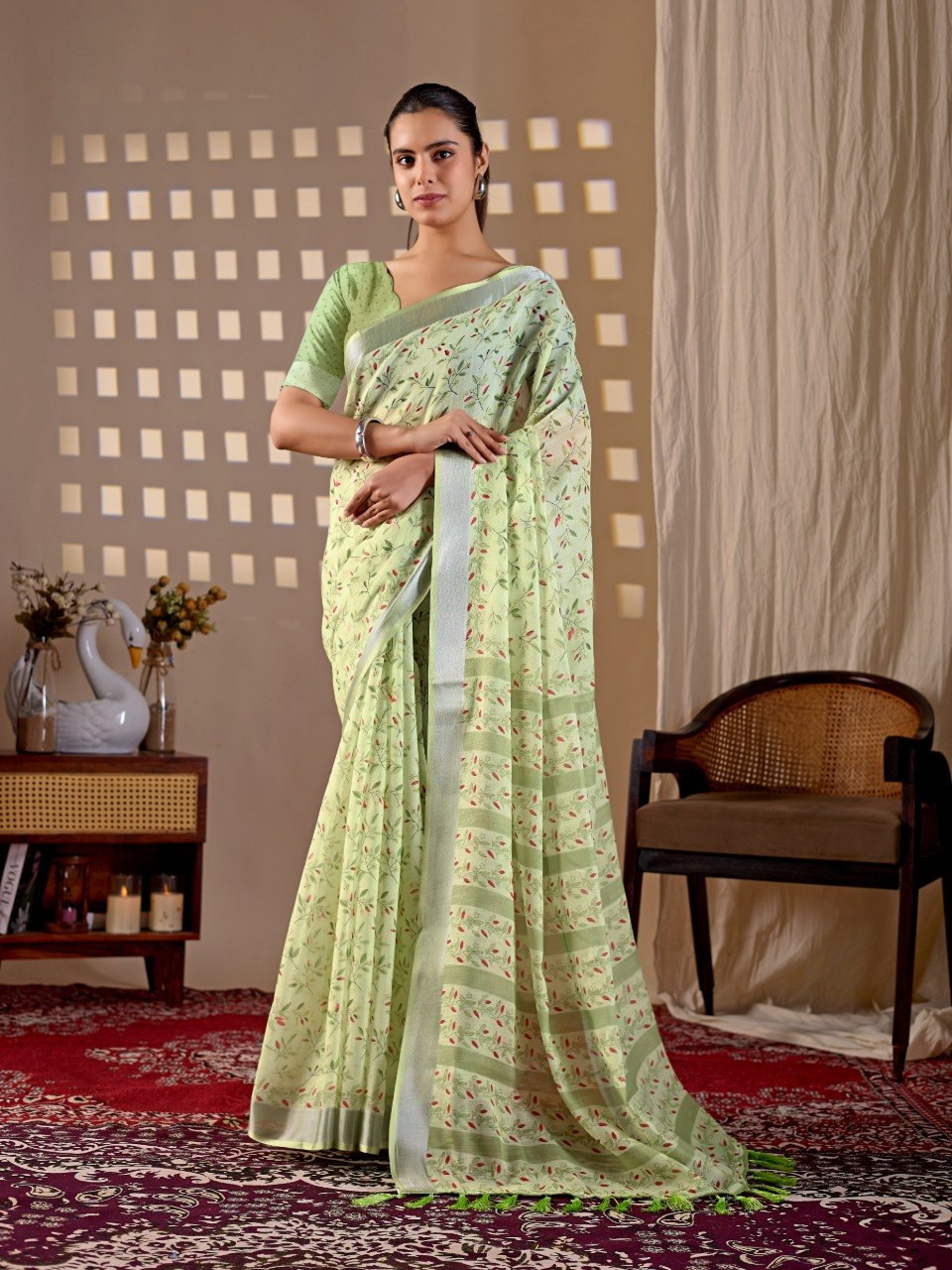 Elegant Pastel Green Floral Linen Cotton Saree | Digital Print | Contrast Border
