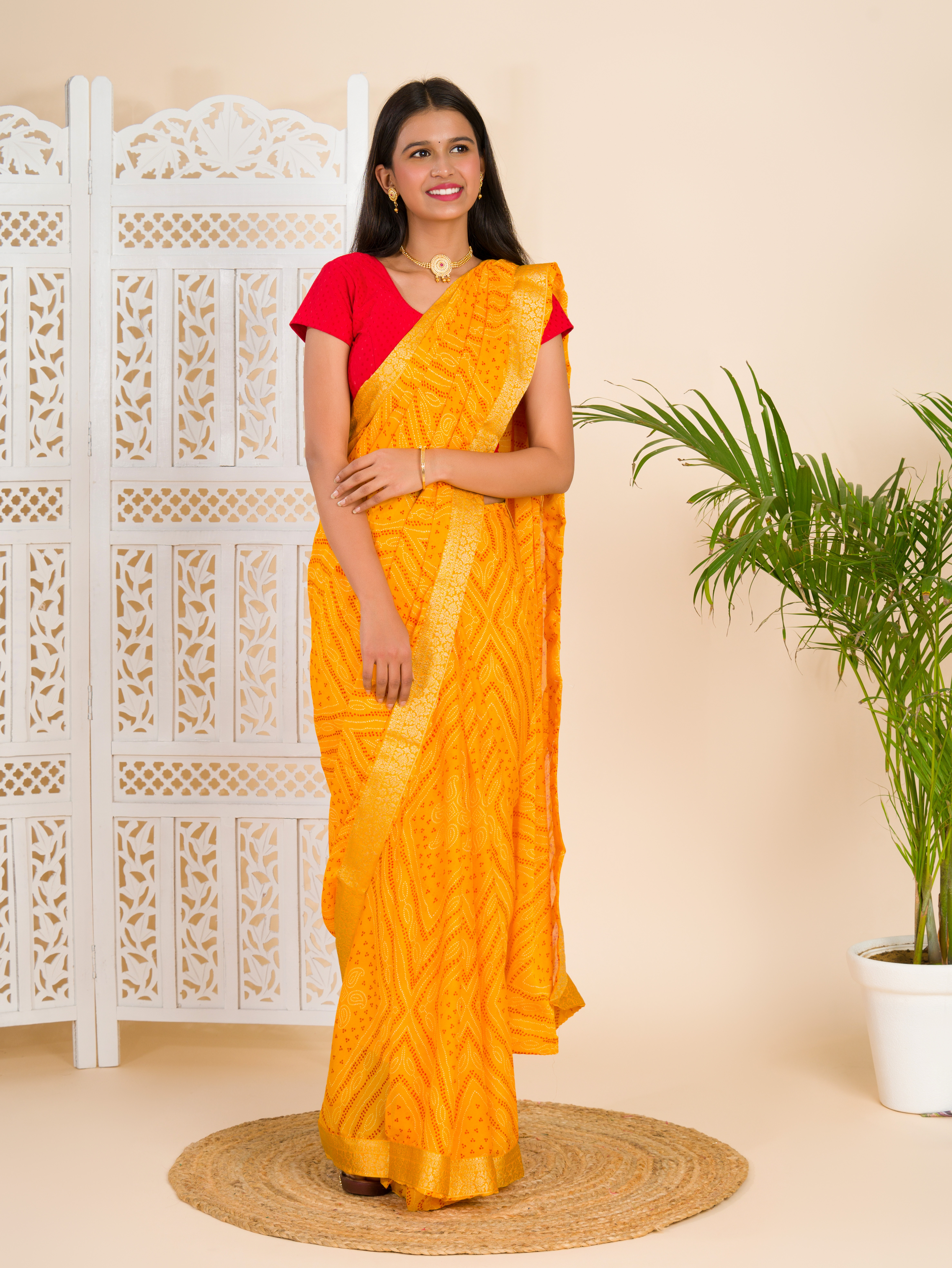 Beautiful Moss Chiffon Georgette Bandhani Sarees Yellow