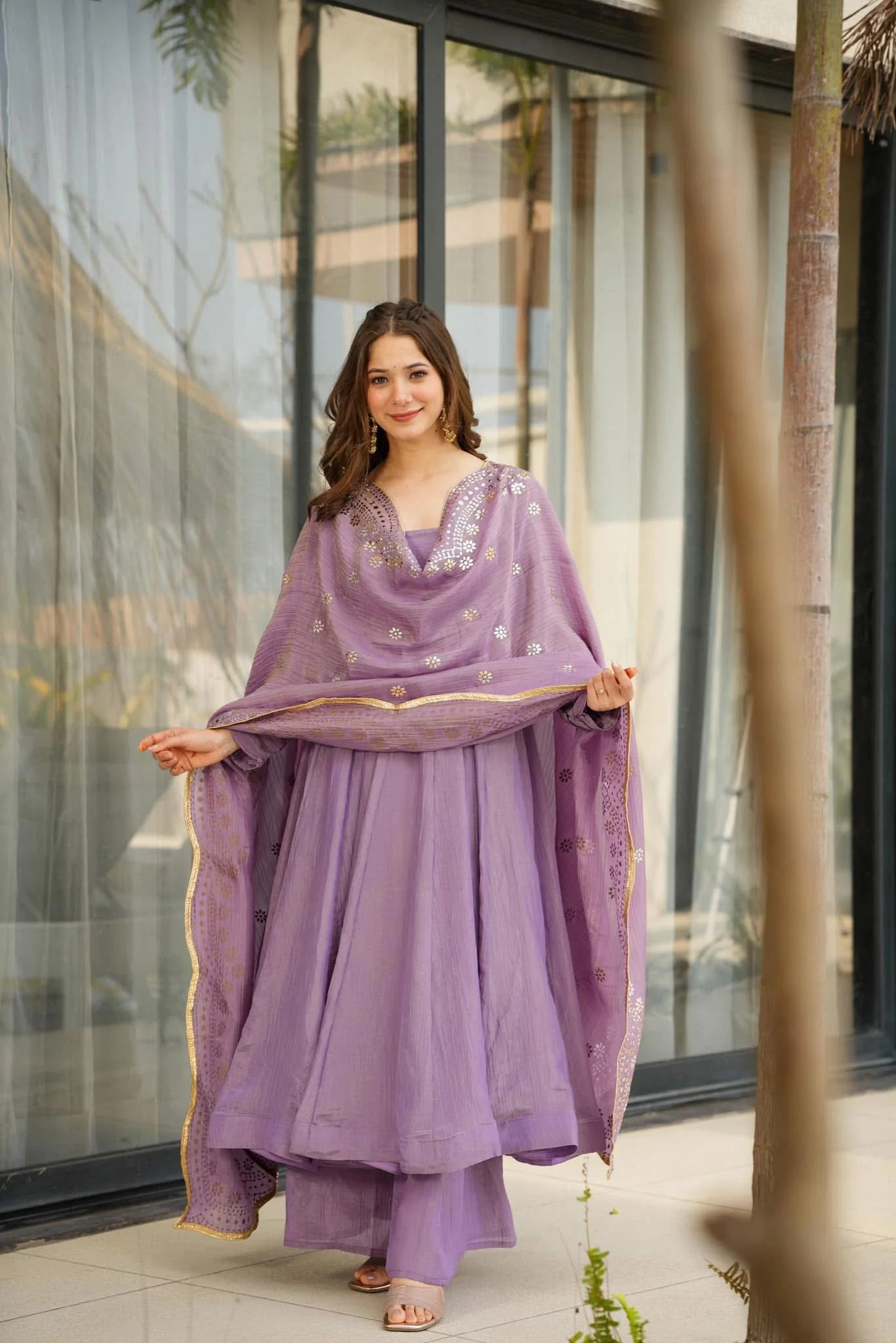 Lavender Vichitra Kurta Pant Dupatta Set with Embroidery