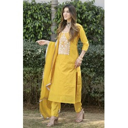 Premium Yellow Malhar Cotton Silk Kurta Set | Hand Embroidered Readymade Women’s Kurti Pant Dupatta Set