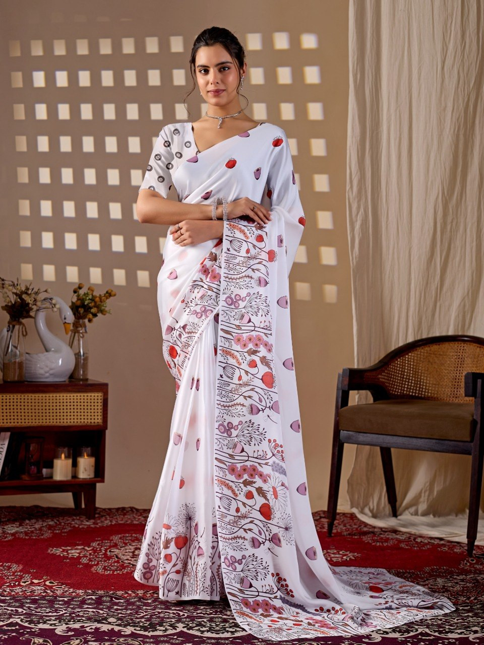 Elegant White Satin Georgette Saree with Floral & Abstract Digital Print