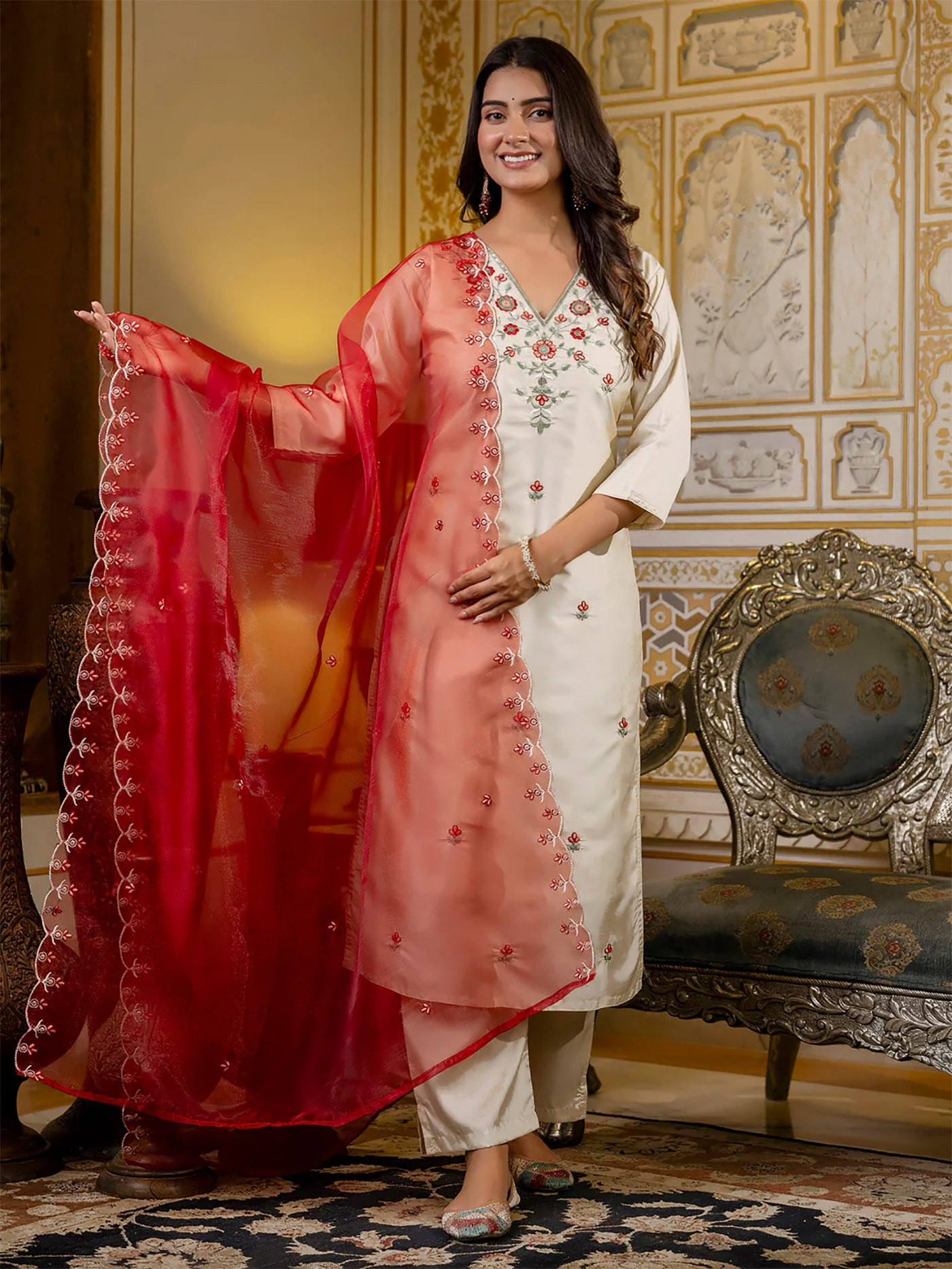 Women’s Beige Embroidered Kurta Pant with Red Organza Dupatta Set