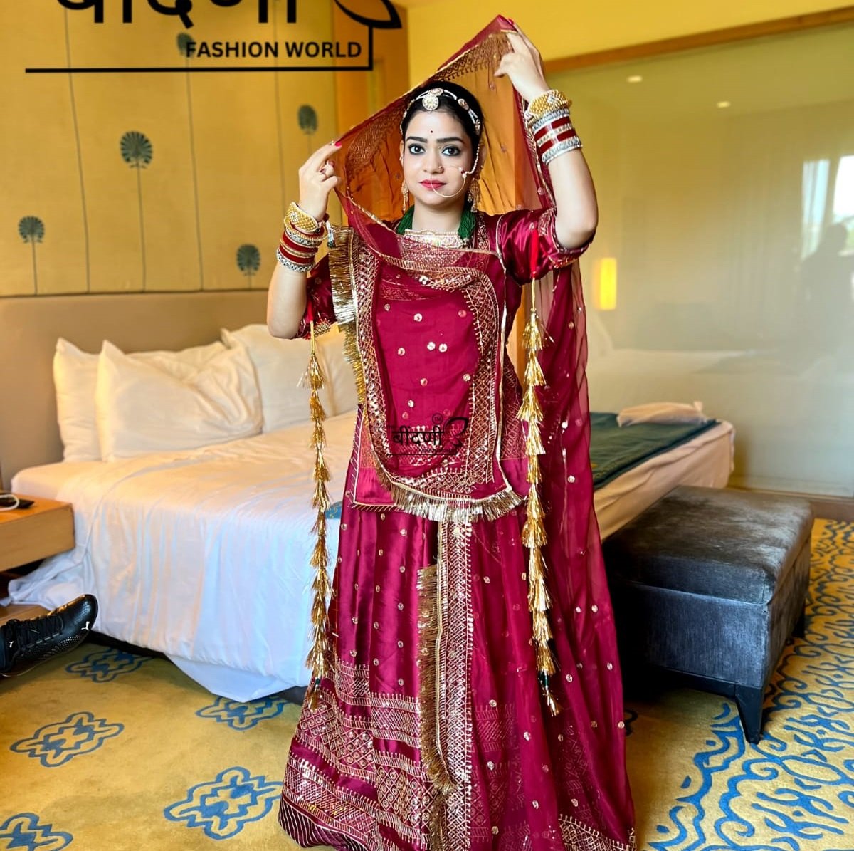 Regal Crimson Elegance: Maroon Satin Poshak(Semi stich)