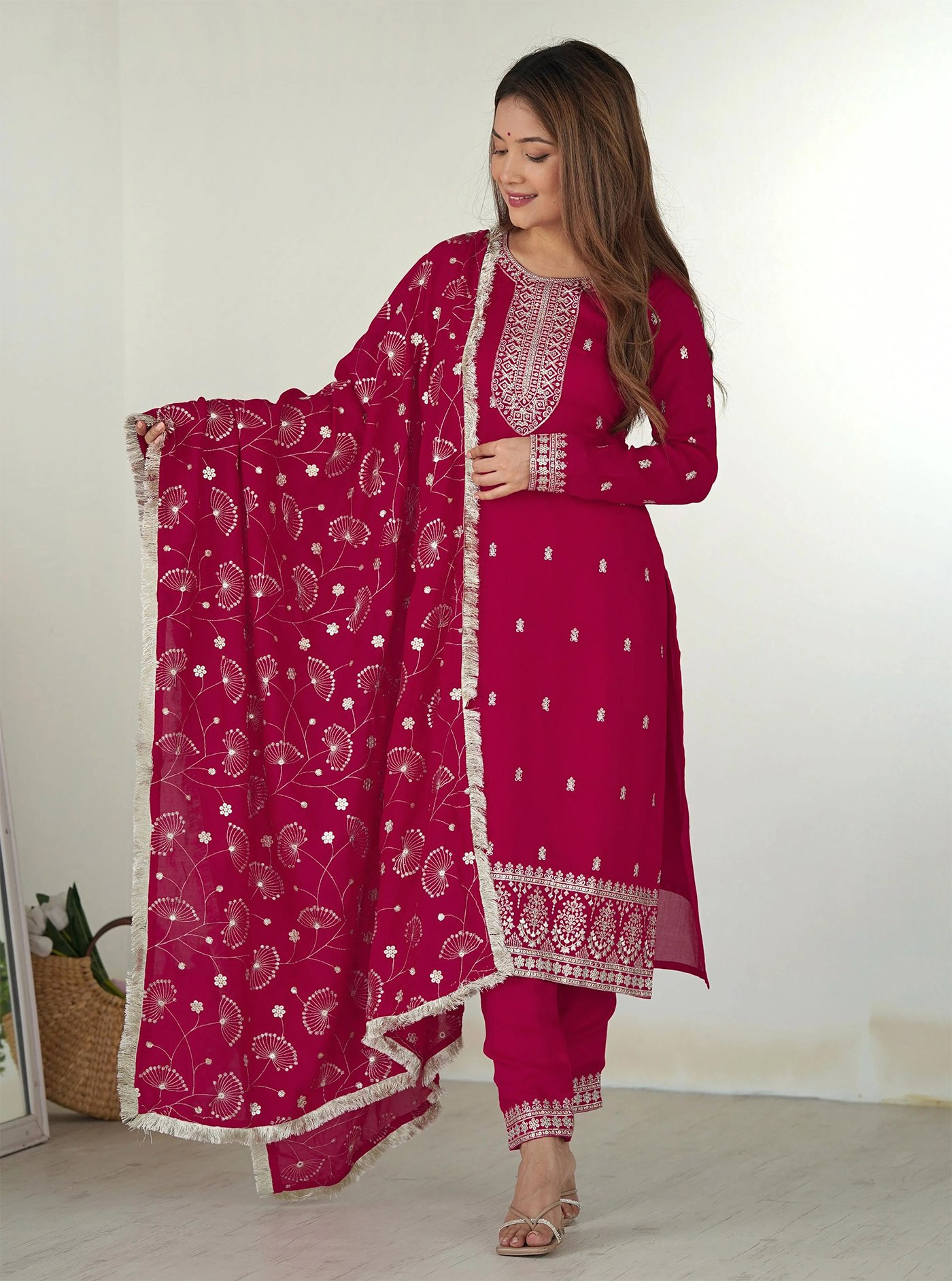 Pink Embroidered Georgette Kurta Pant Dupatta Set for Women with Full Sleeves