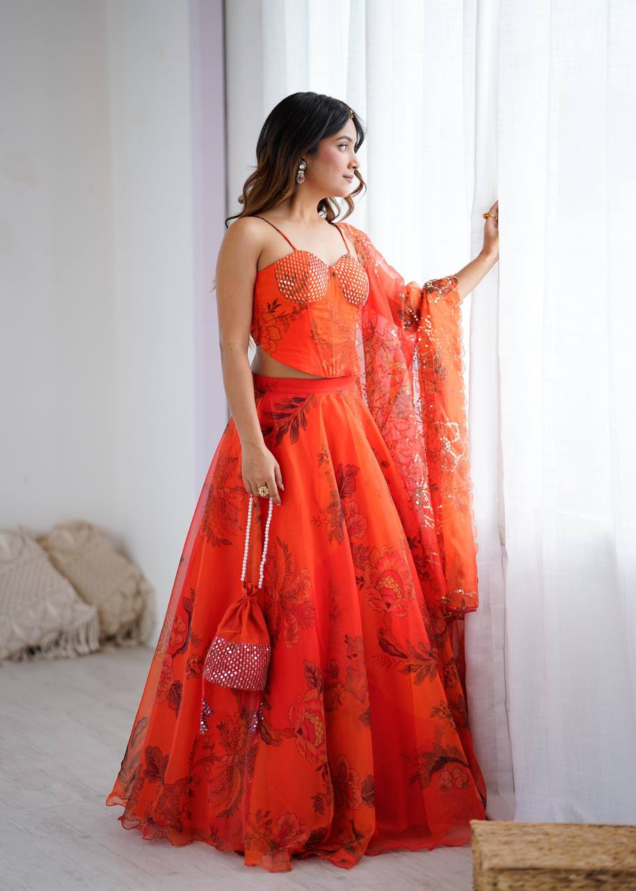 Exclusive Pure Organza Corset Lehenga Set – Digital Print & Sequins Work