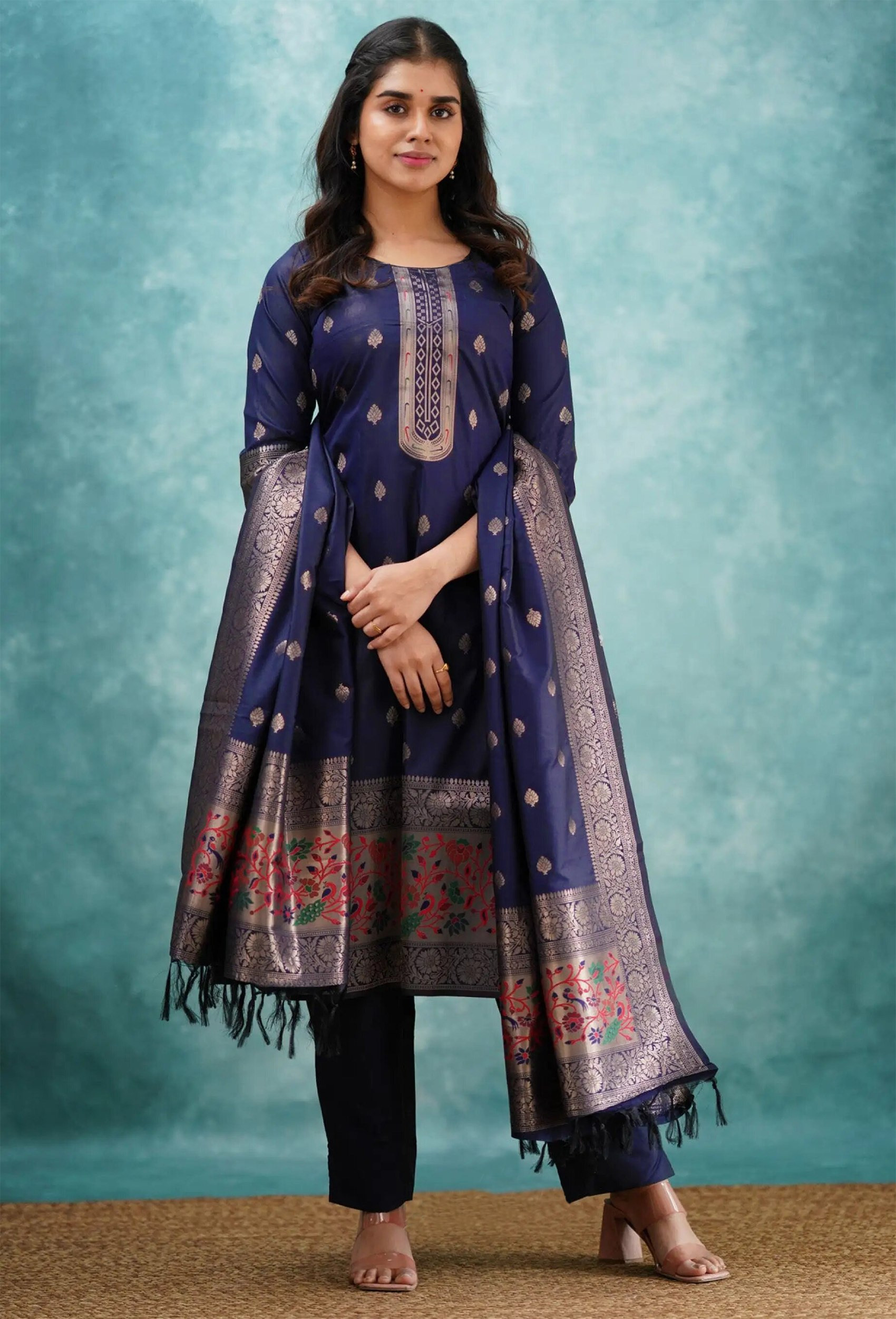 Shingar Blue Art Silk Woven Kurta Pant Dupatta Set for Women