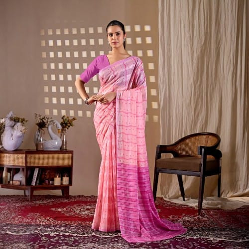 Peach Pink Monsoon Saree - Dotted & Striped Silk Blend | Elegant Indian Wear