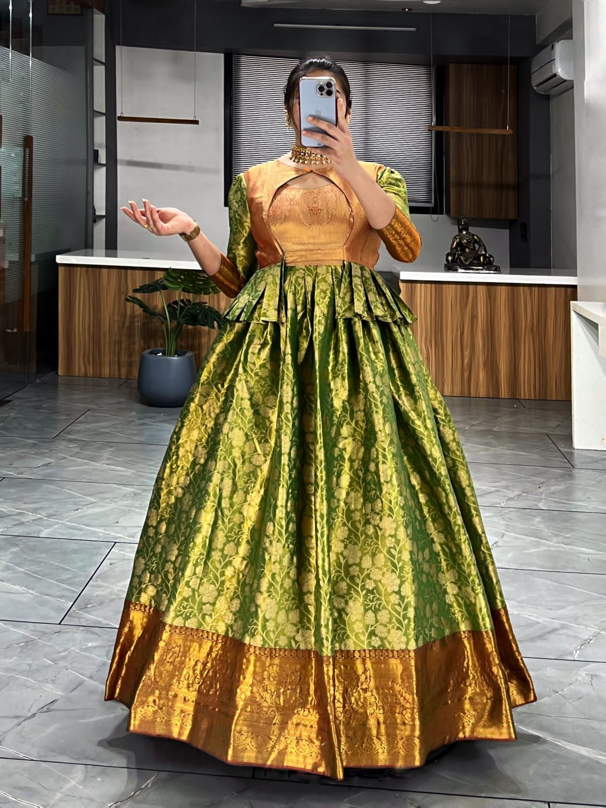 Kanjivaram pattu gowns with koti for women