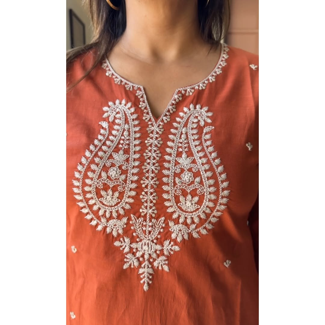 Summer cotton chikenkari embridery Kurta Pant With Dupatta Set For Women