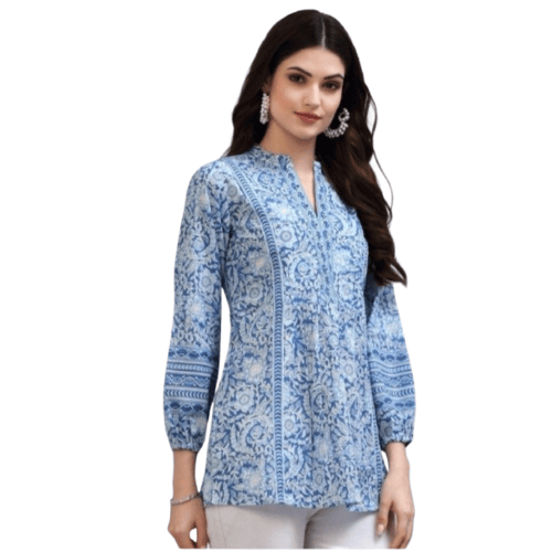 Women's Floral Printed Blue Colour Cotton Top