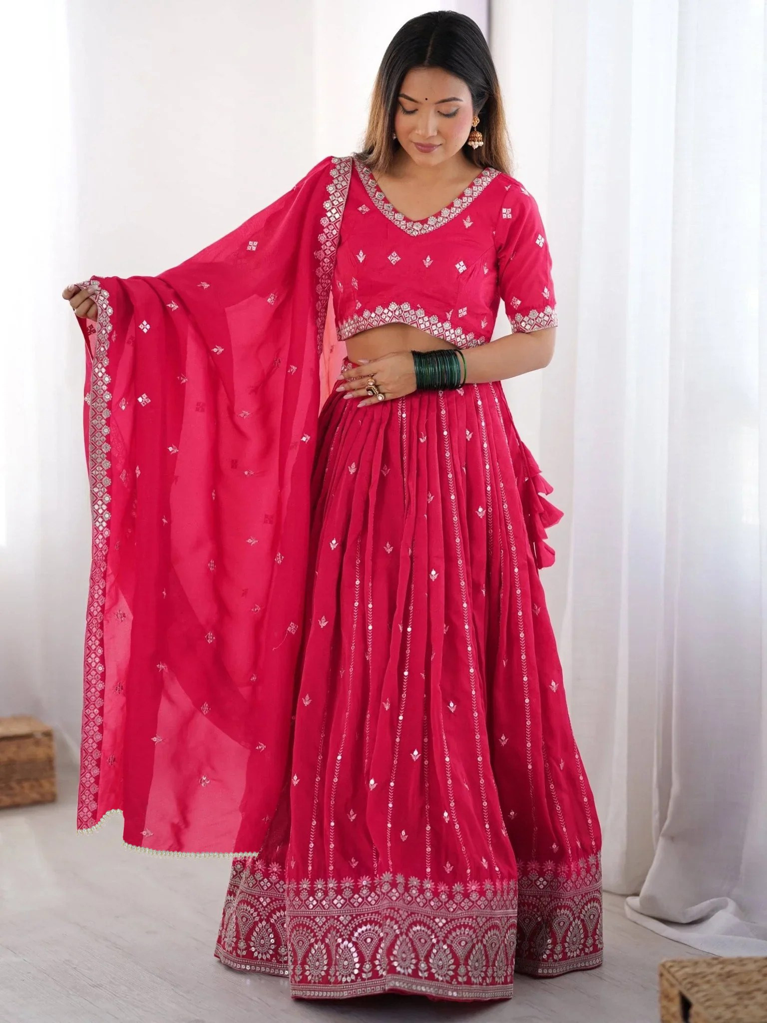 Pink Embellished Semi Stitched Lehenga Choli