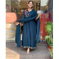 Embroidered Georgette Anarkali Gown with Dupatta – Cerulean Blue | Full Sleeve Stitched Gown