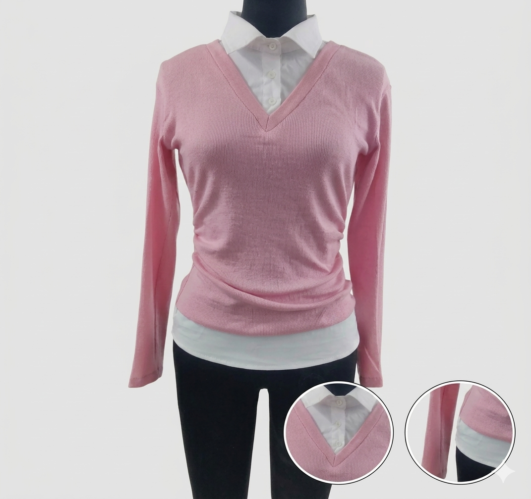 Women's Soft Dusty Rose Pink Ribbed V-Neck Top with Shirt Collar - Cotton Stretch