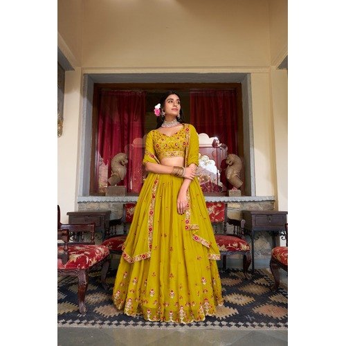 YELLOW GEORGETTE HALDI LEHENGA CHOLI