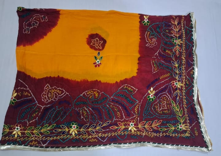 1.5 Paat Cotton Bandhej Pila Dupatta with Traditional Gota Patti Work