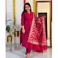 Elegant Pink Jacquard Kurta Pant Dupatta Set for Women | Ethnic Wear 3-Piece Suit