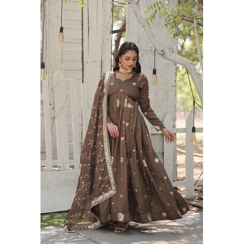 Beautiful Leaf Vichitra Shimmer Gown and Dupatta Set Brown