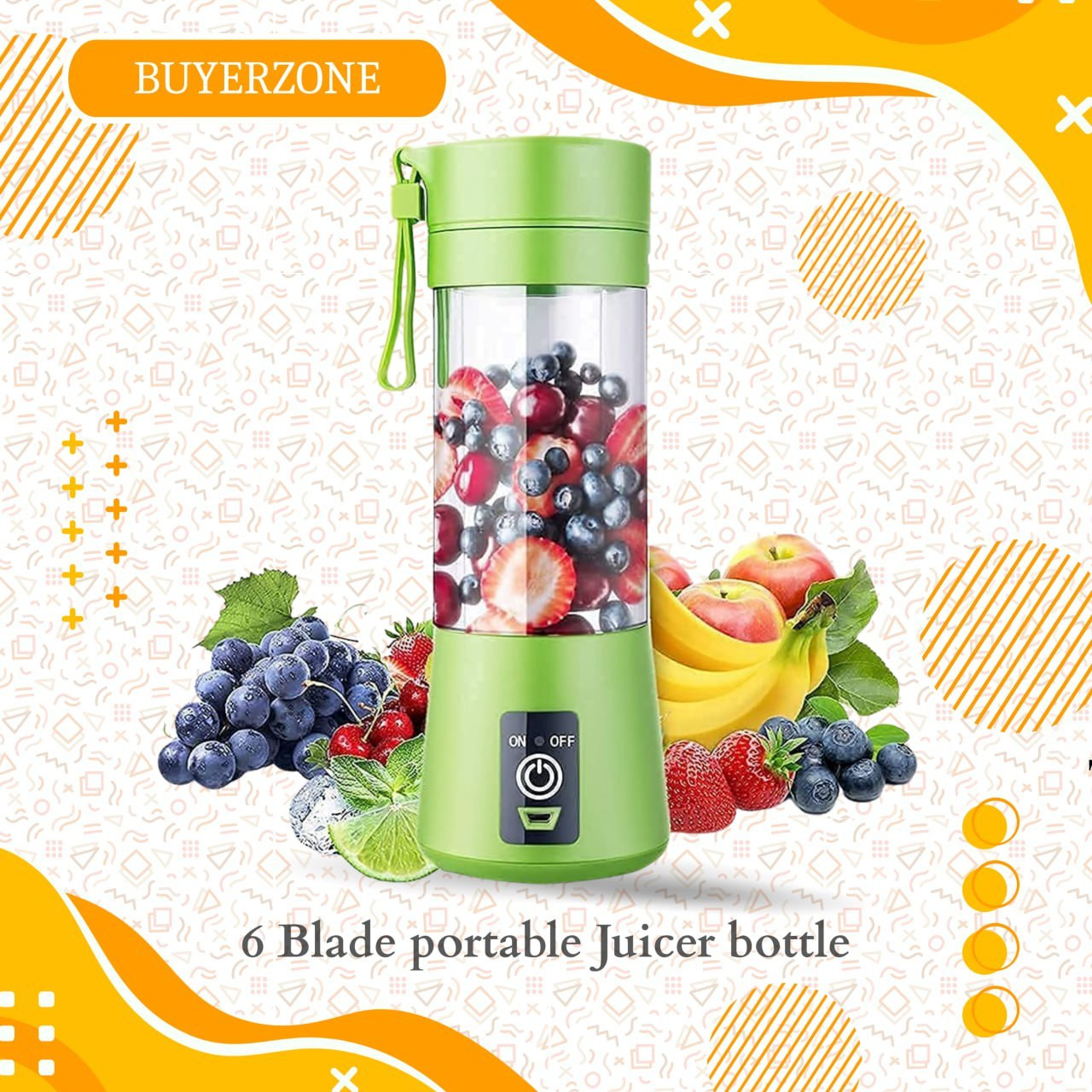 6 Blade Portable Juicer Bottle - USB Rechargeable, Personal Blender for Smoothies & Shakes