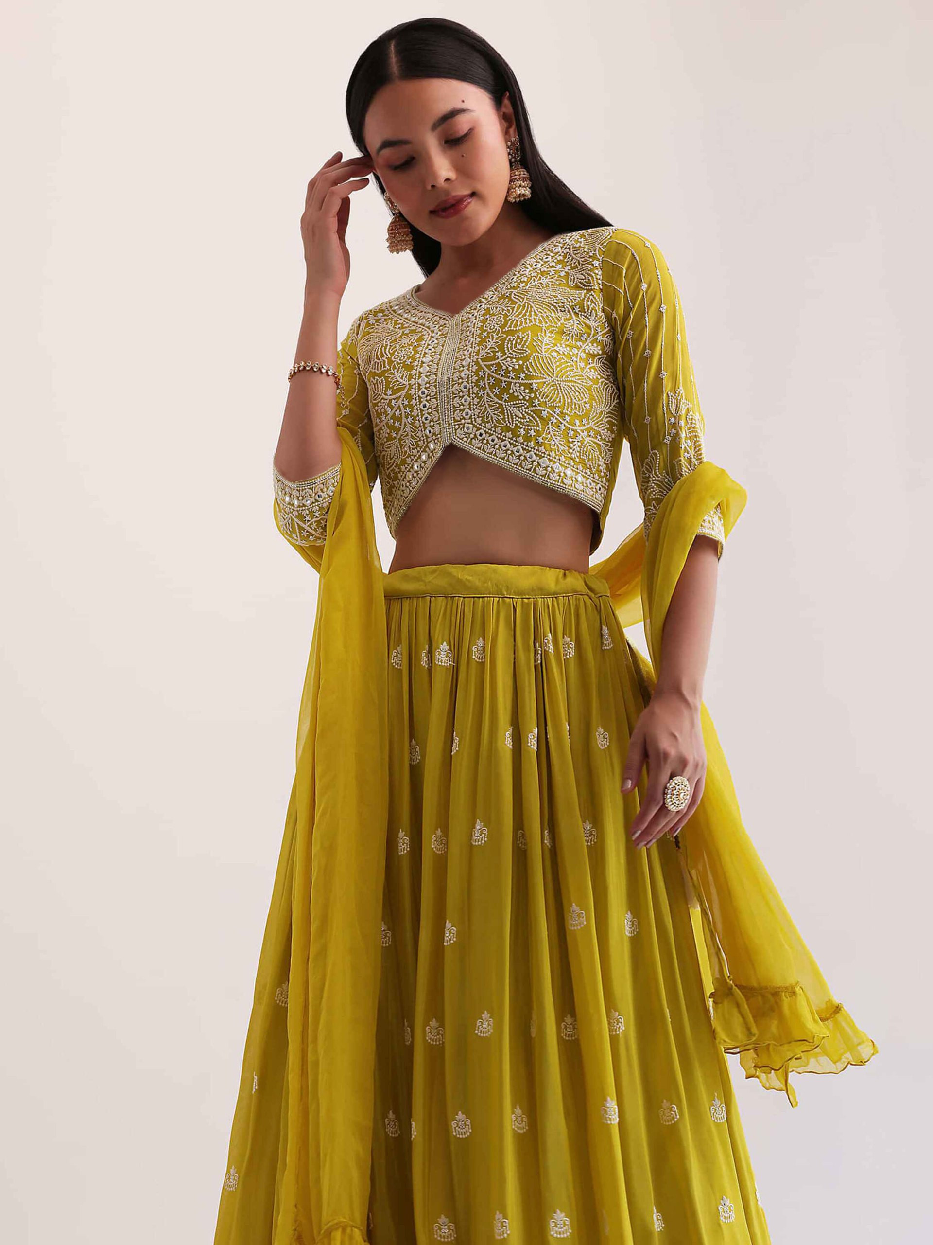 Embellished Mustard Semi-Stitched Georgette Lehenga Choli with Dupatta