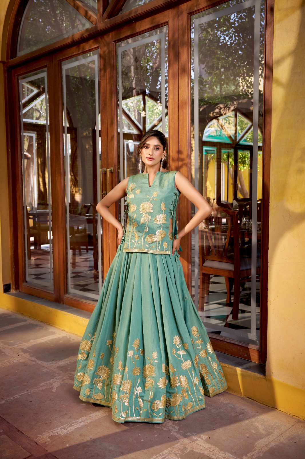Elegant Pure Shimmer Co-Ord Lehenga Set with Embroidered Overlay Top & Foil Work