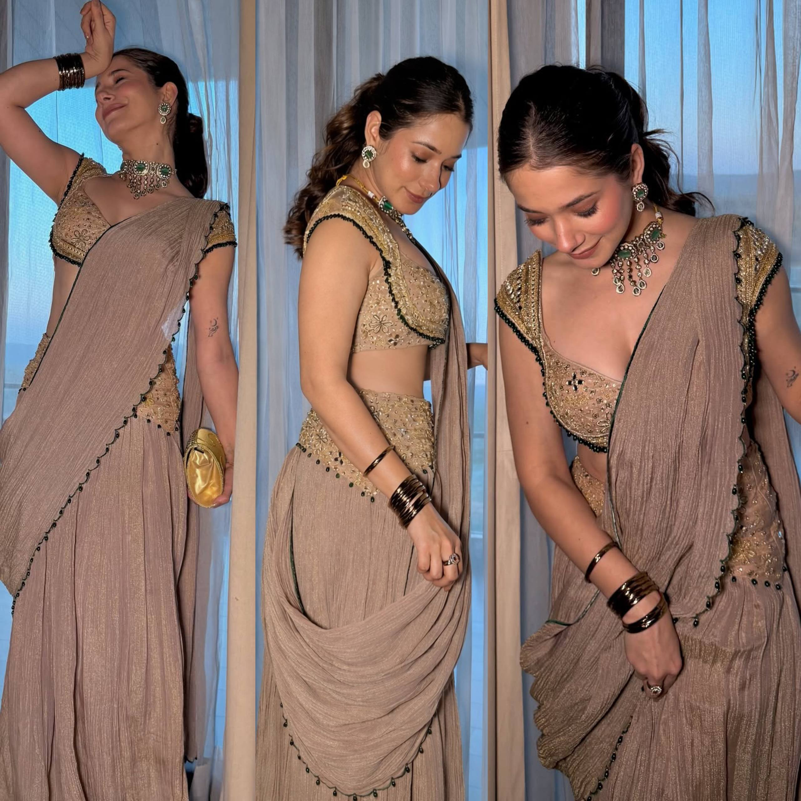 Faux Georgette Ready-to-Wear Crushed Saree with Real Mirror Work & Attached Pallu