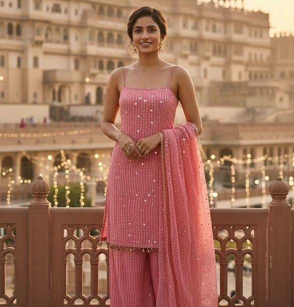 Premium Faux Georgette Top–Palazzo Set with Real Mirror & Digital Print Work