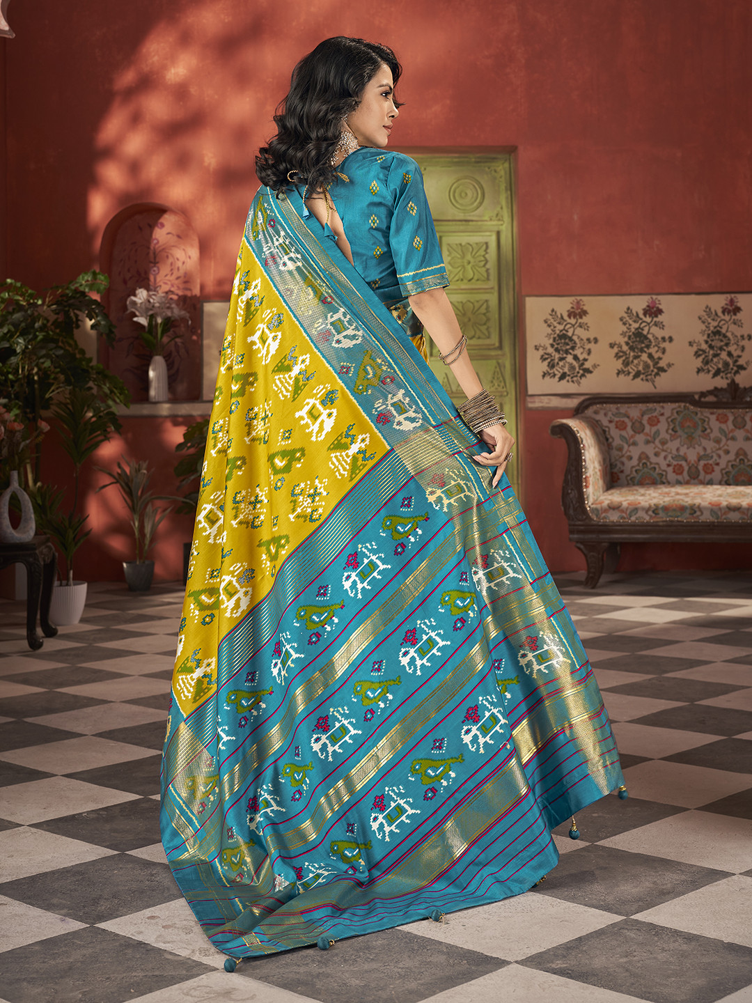 New Malai silk Patola Style With Hand print Work saree