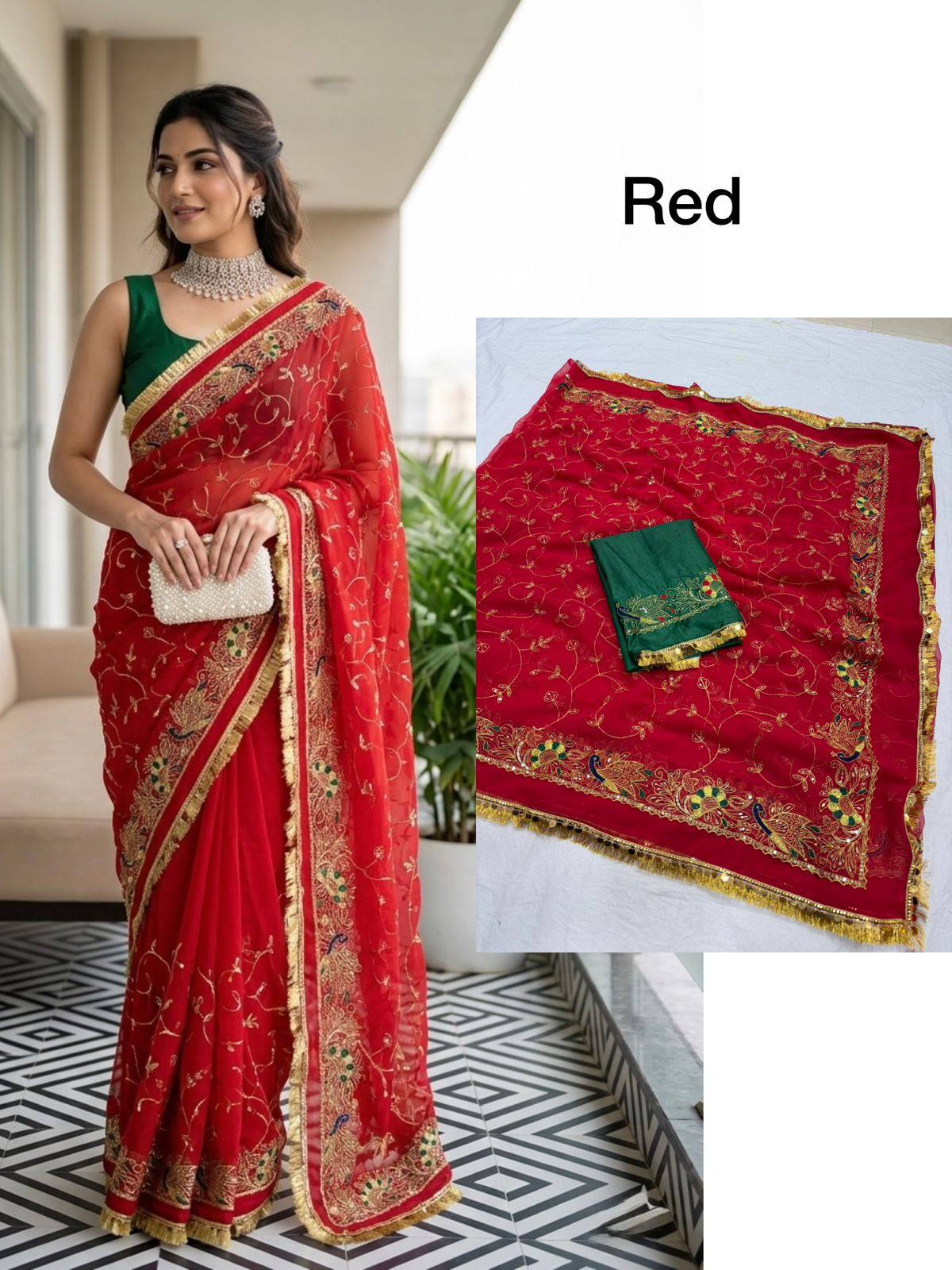 Pecock Embroderied Royal Georgette Darbari Saree - With Blouse