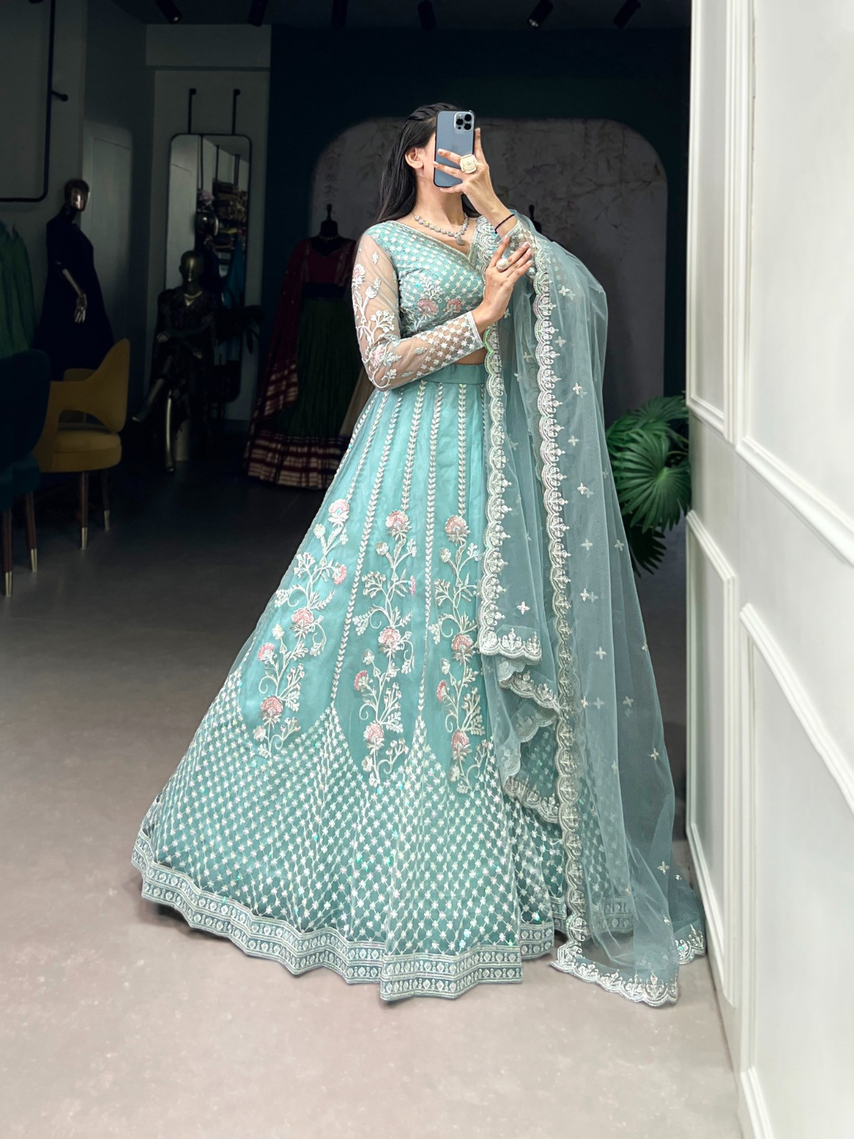Stitched Elegance Pastel Blue Net Lehenga Set