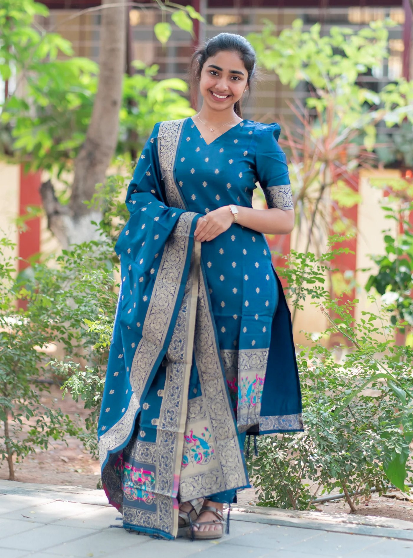 Women Cerulean Jacquard Kurta Pant Dupatta Set with Weaving Work