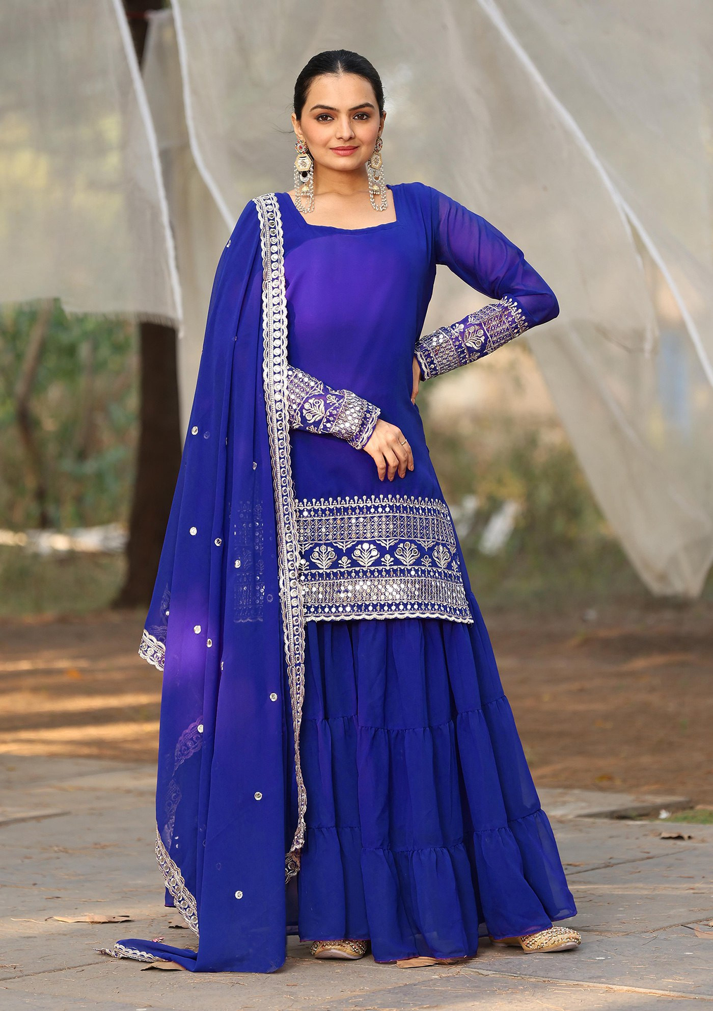Elegant Blue Georgette Kurta Sharara Dupatta Set | Embroidered Ethnic Wear for Women