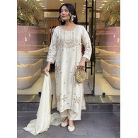 Women’s White Embroidered Kurta Pant & Dupatta Set | Festive & Ethnic Wear