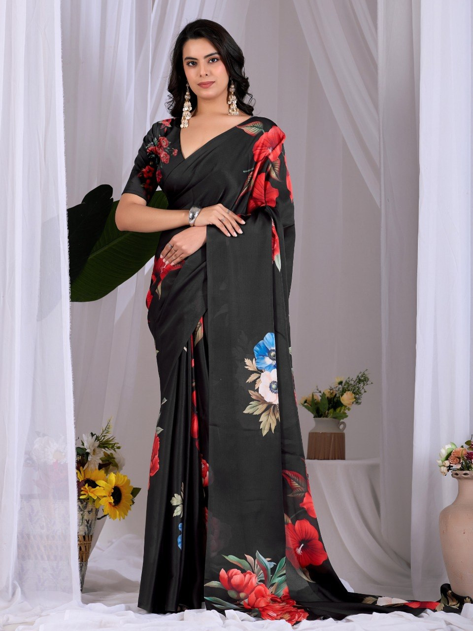 Elegant Black Satin Georgette Saree with Multicolor Floral Digital Print & Matching Blouse