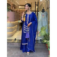 Women’s Royal Blue Embroidered Vichitra Kurta Palazzo Dupatta Set