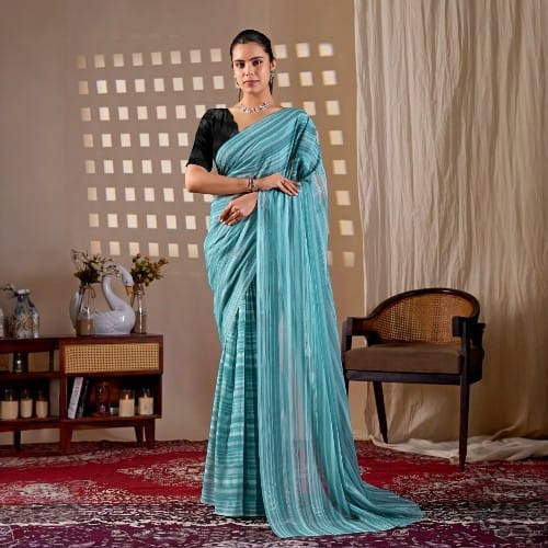 Aqua Blue Monsoon Saree - Elegant Stripe Design | Premium Silk Blend