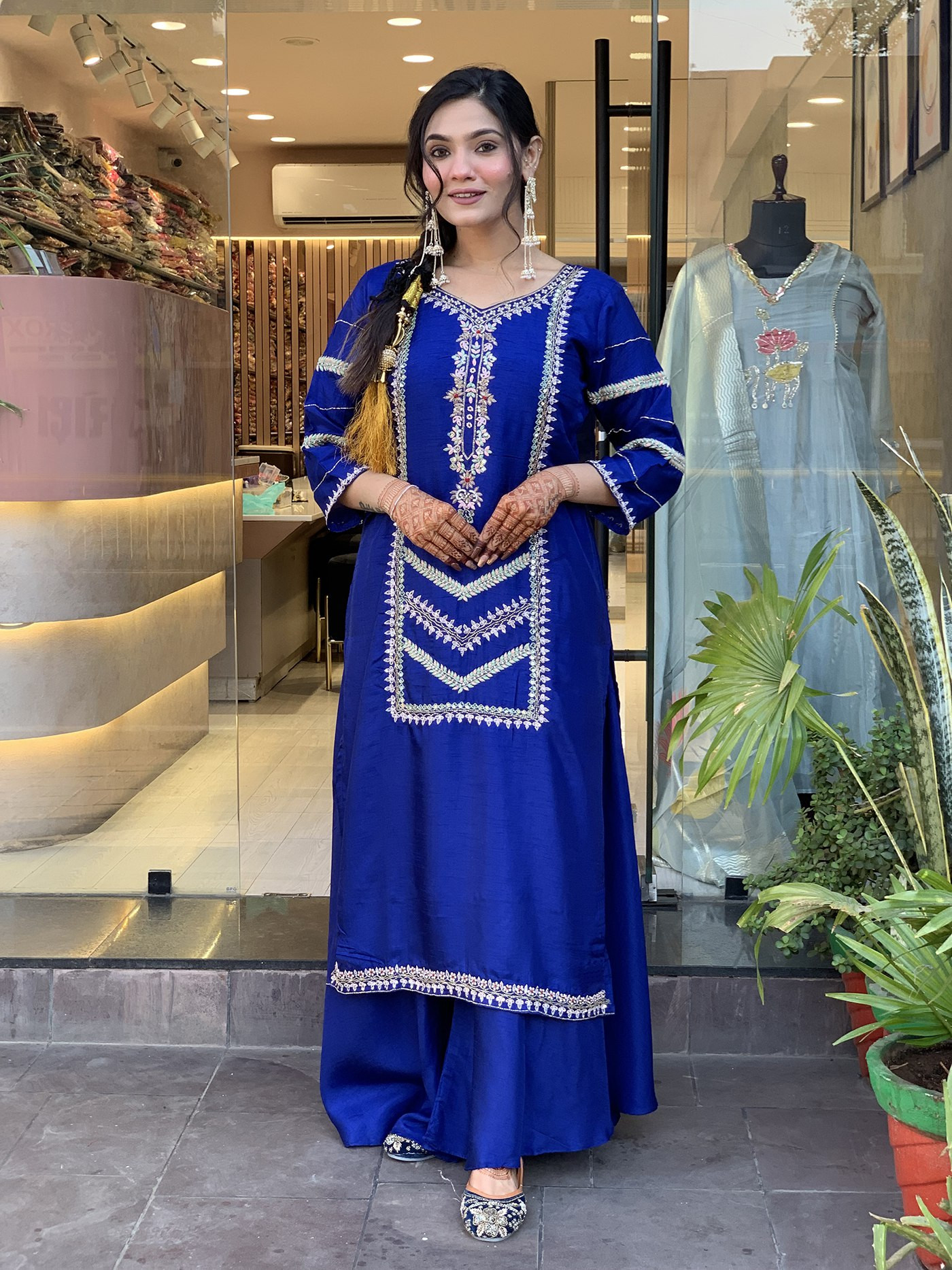 Women’s Royal Blue Embroidered Vichitra Kurta Palazzo Dupatta Set