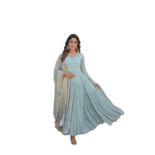 Unique Coloured Faux Georgette With Embroidered Work Gown With Dupatta