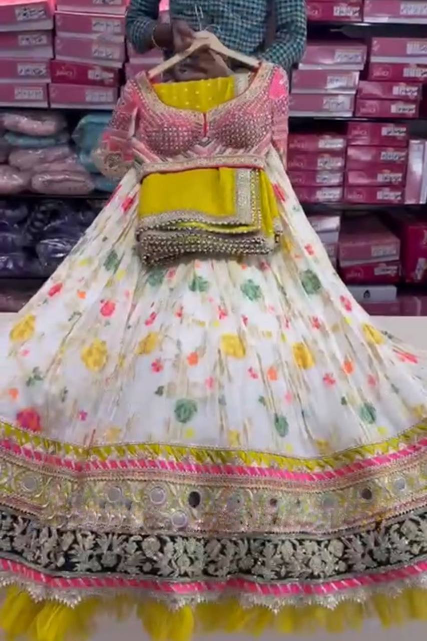 Real Mirror Embroidered & Printed Georgette Lehenga with 3 Meter Flare
