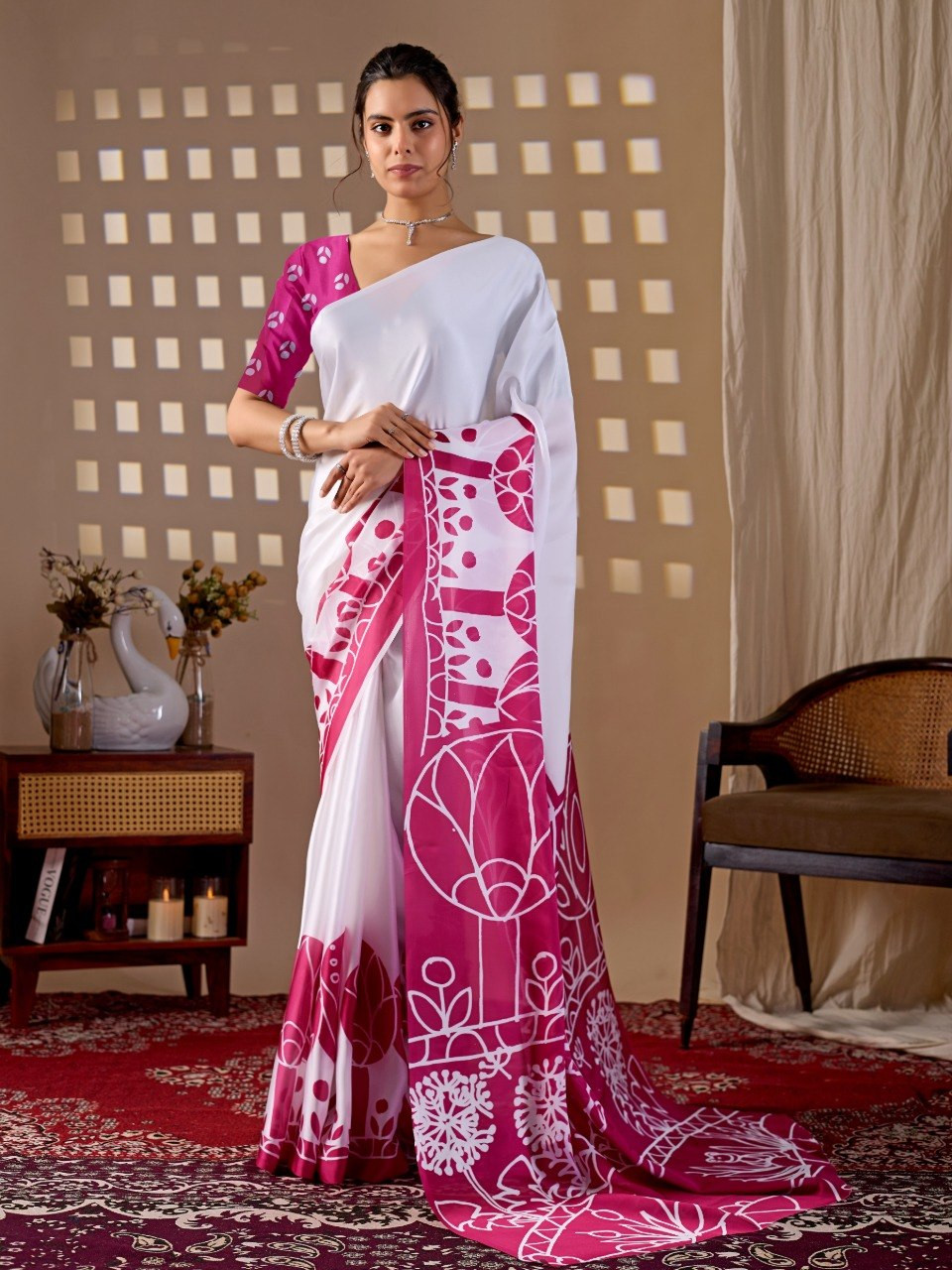 Elegant White & Rani Pink Satin Georgette Floral Printed Saree