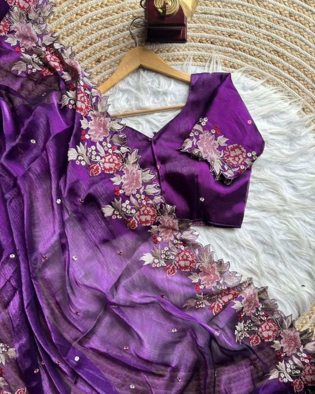 NEW  RICH BURBIRY VIBES CUT WORK EMBROIDERY SAREE FOR WOMEN