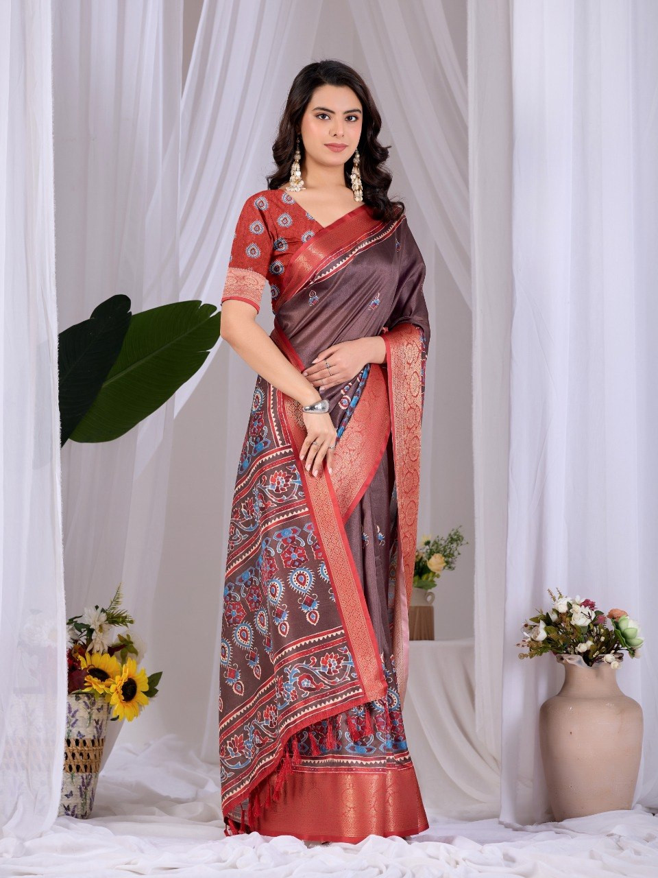 Elegant Brown & Red Lichi Silk Saree with Traditional Motifs & Woven Border