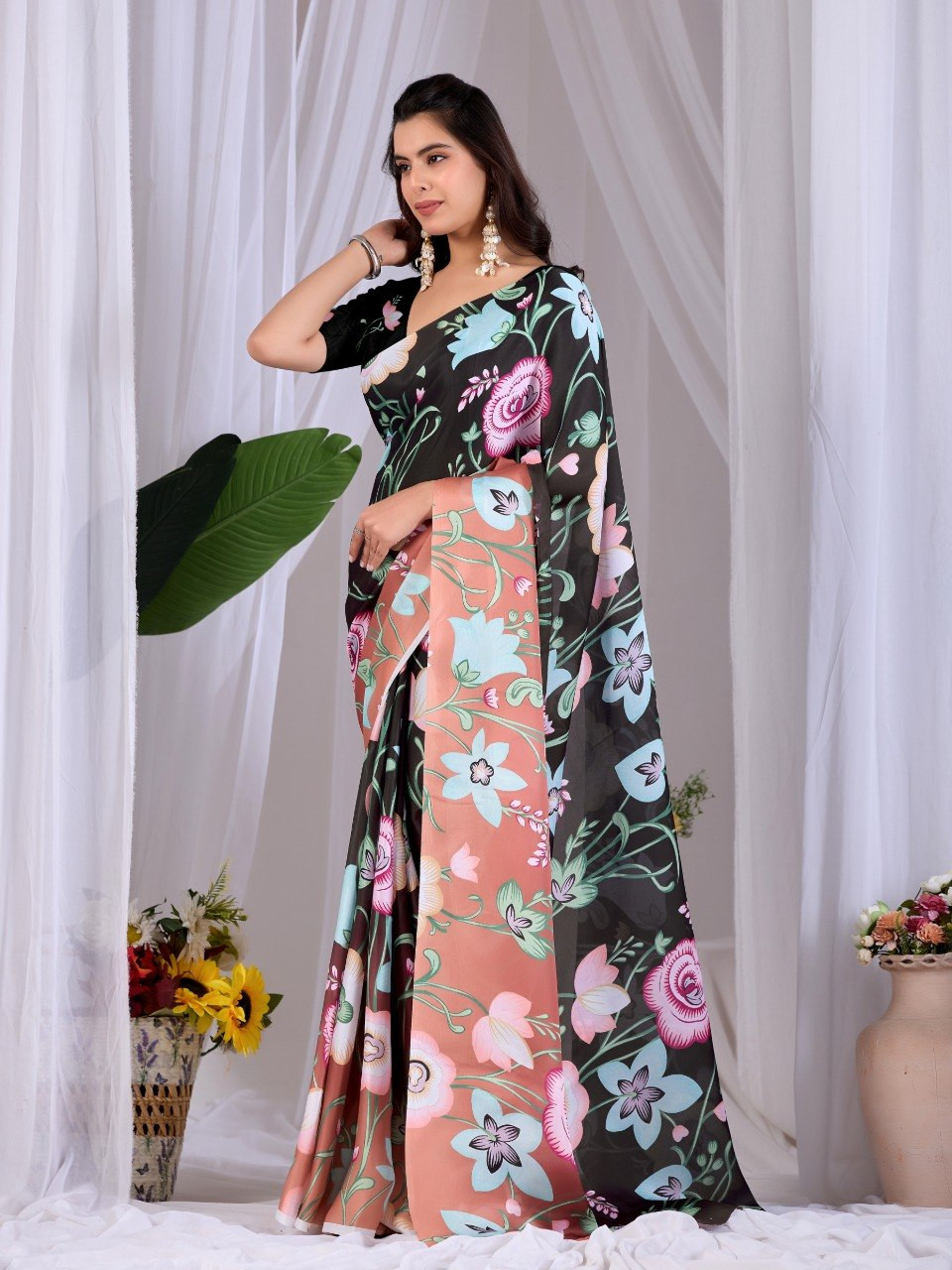 Elegant Black & Peach Floral Satin Georgette Saree with Digital Print