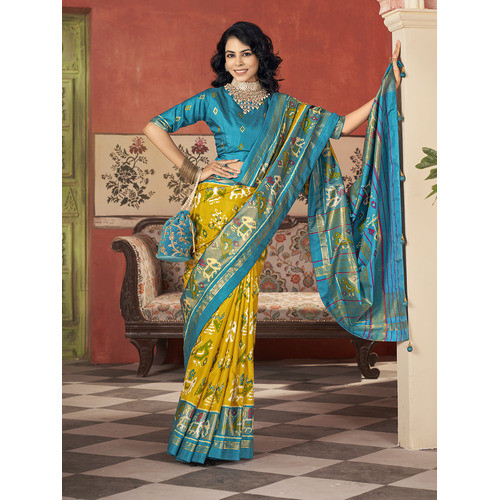 New Malai silk Patola Style With Hand print Work saree