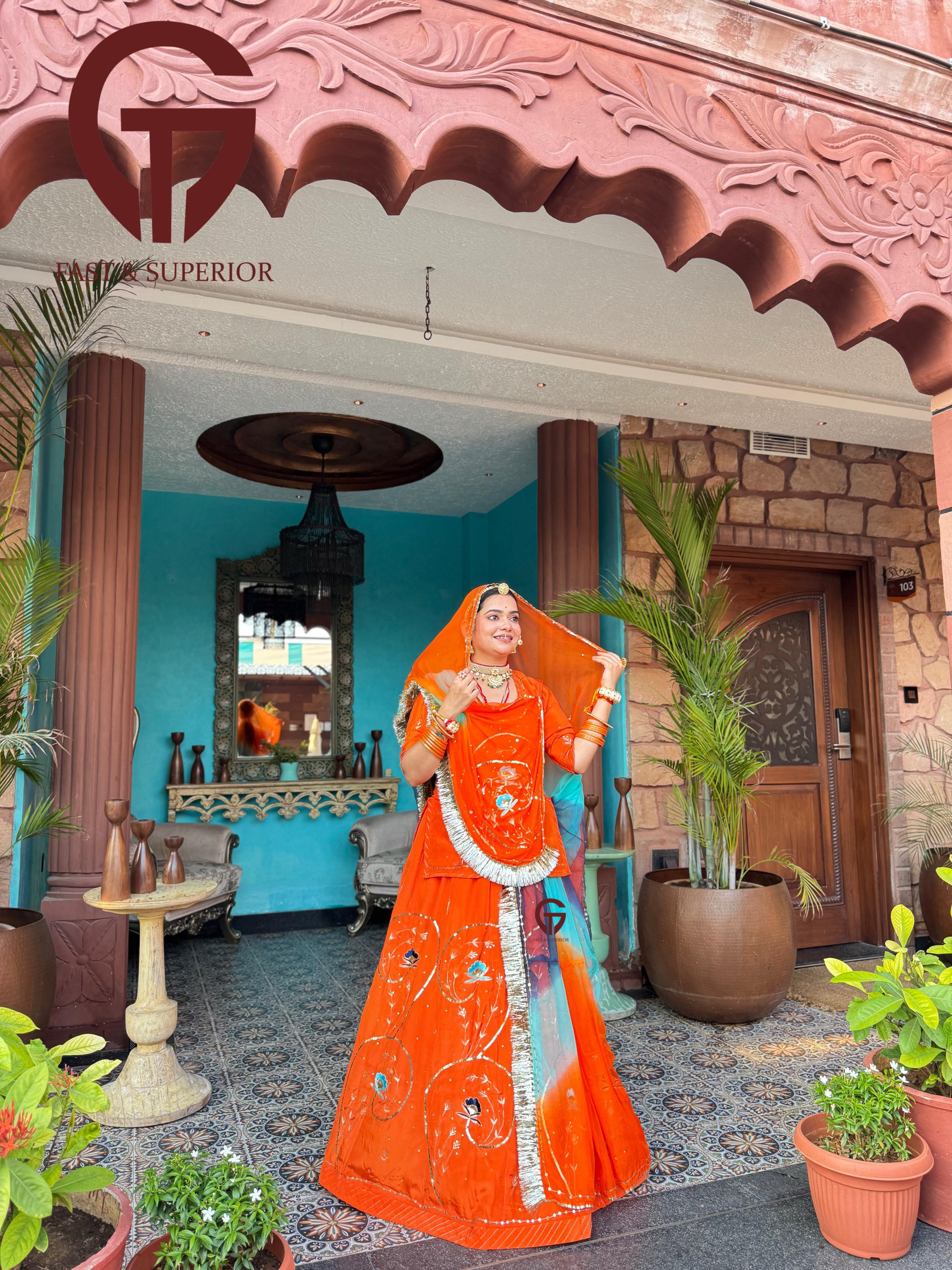 Natural Crape Orange Coloured Humrahi With Touch Hand Rajputi Odhna